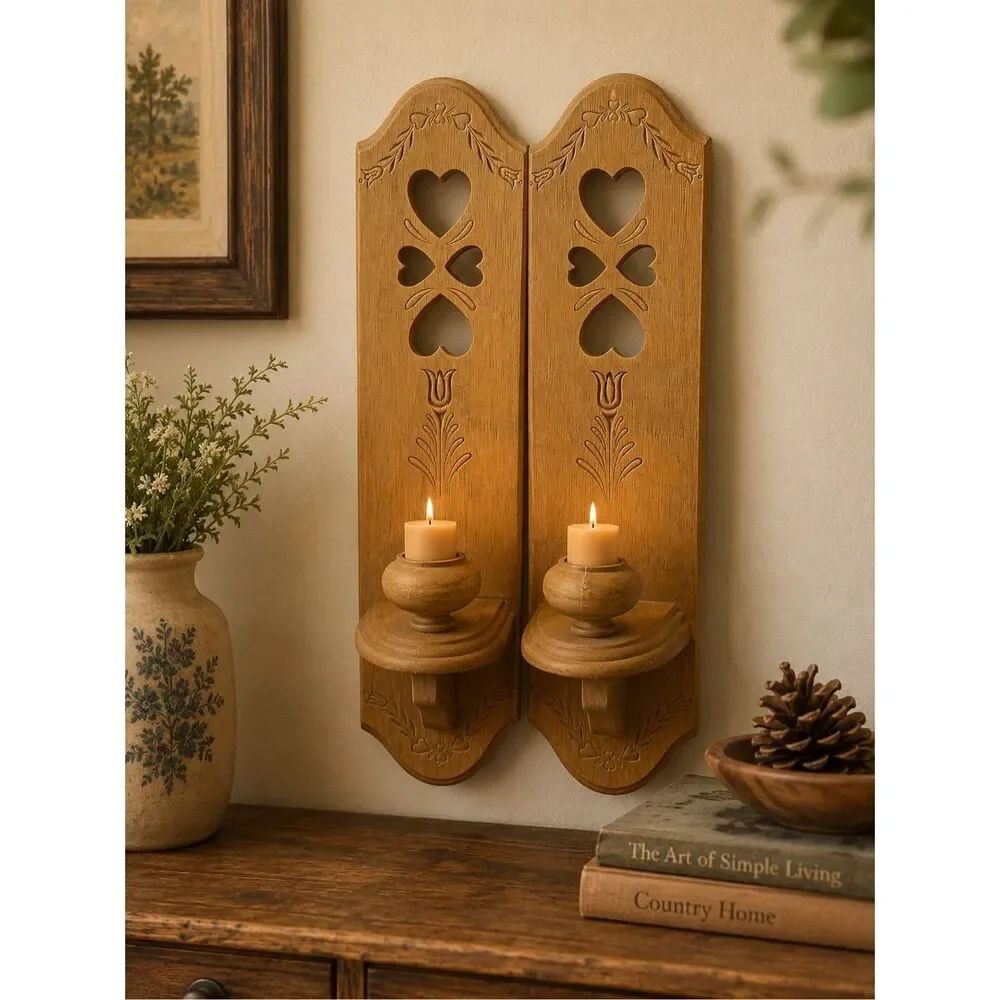 Burwood 2766 A B Wall Candle Sconce Pair Hearts Faux Wood Country cottagecore